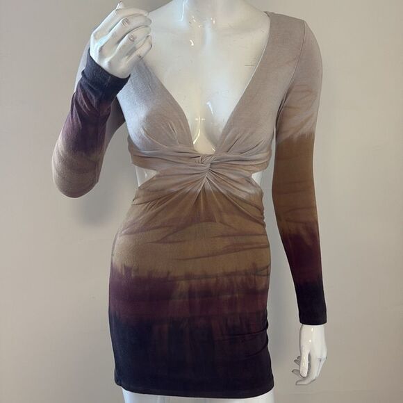 Planet Blue Multicolor Brown Ombre Tie-Dye Long Sleeve Mini Dress w Side Cutouts - Picture 2 of 8